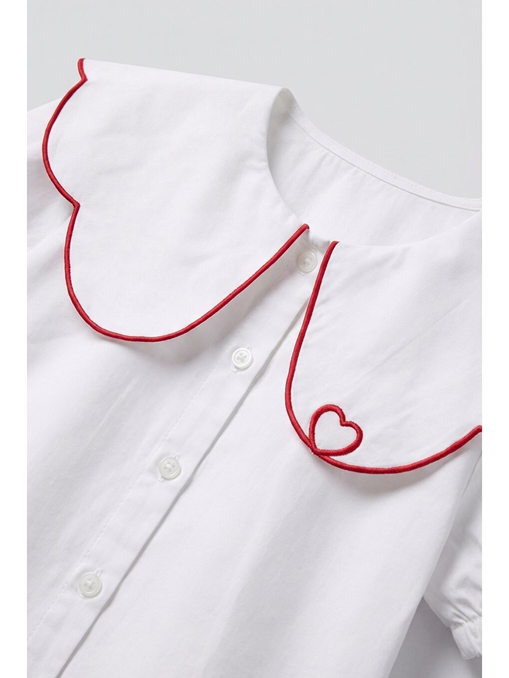 Kız Çocuk Pamuklu Beyaz Kalp Nakışlı Gömlek Ve Kırmızı Tül Etek Takım-4
