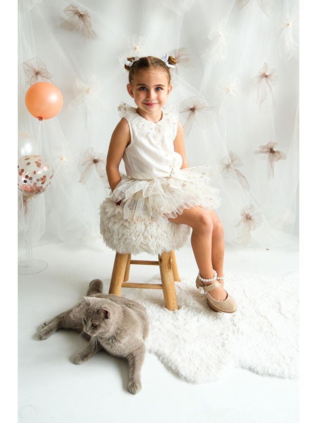 Ekru Kız Çocuk Gömlekli Tütü Etekli Takım