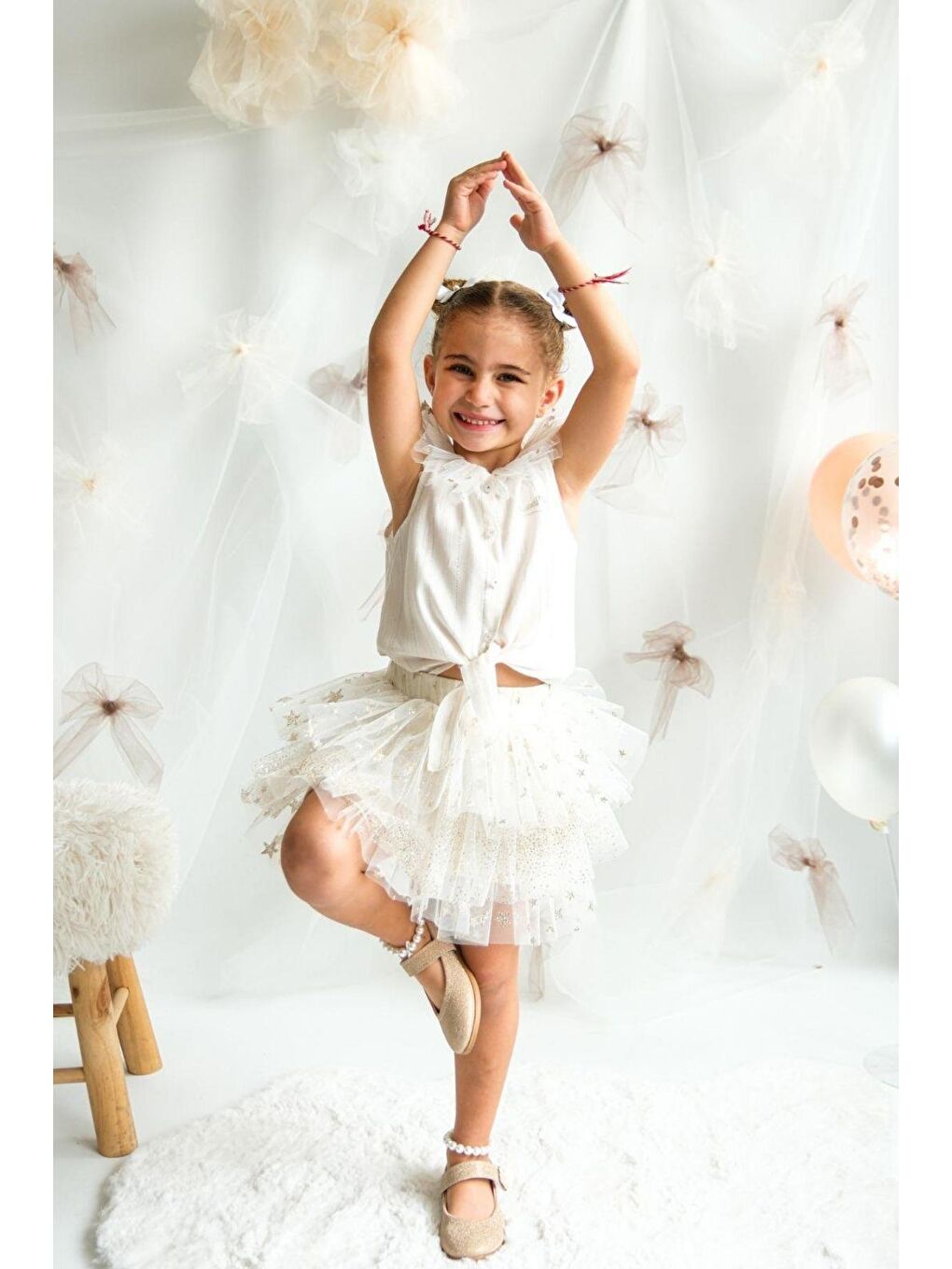 Ekru Kız Çocuk Gömlekli Tütü Etekli Takım-1