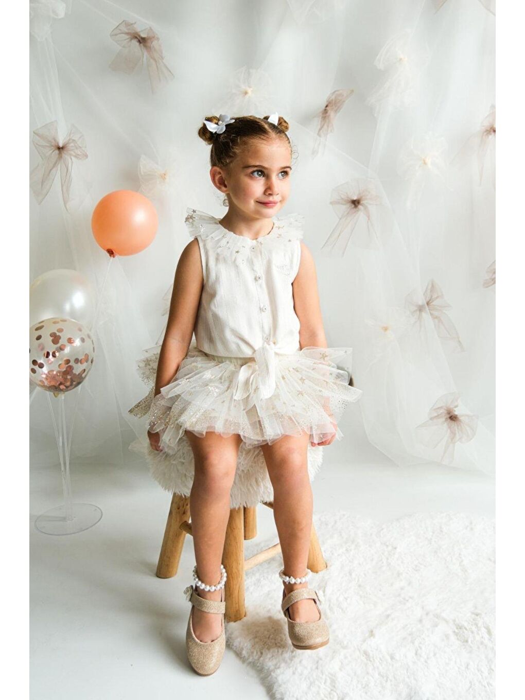 Ekru Kız Çocuk Gömlekli Tütü Etekli Takım-2