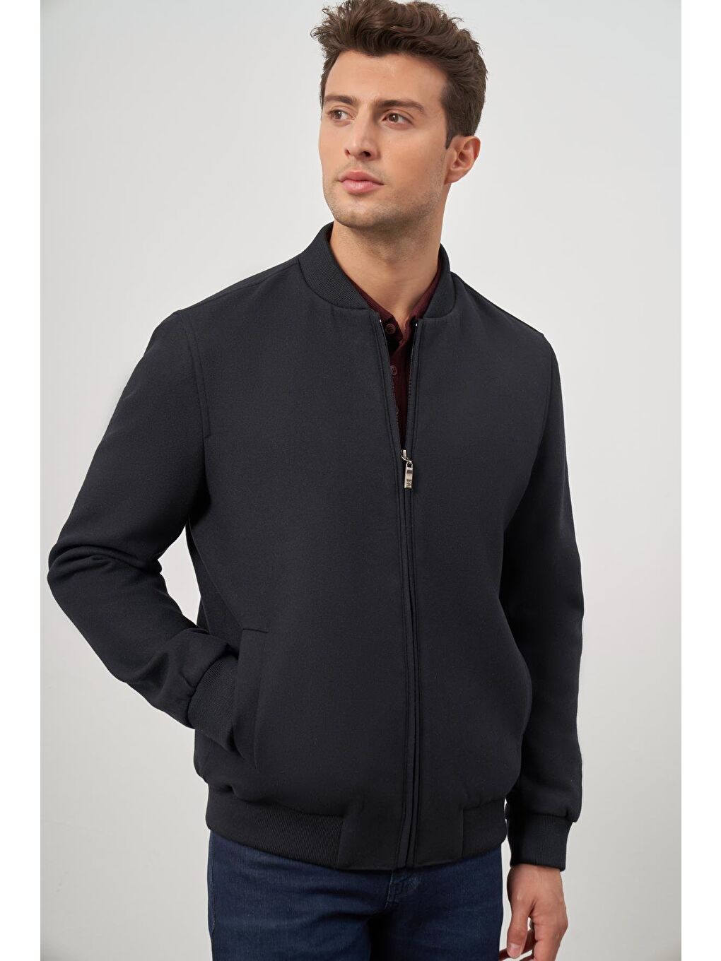 Koyu Lacivert Kaşe Kolej Yaka Düz Yırtmaçsız Tam Astar Comfort Fit Classic Mont 1007245159-2