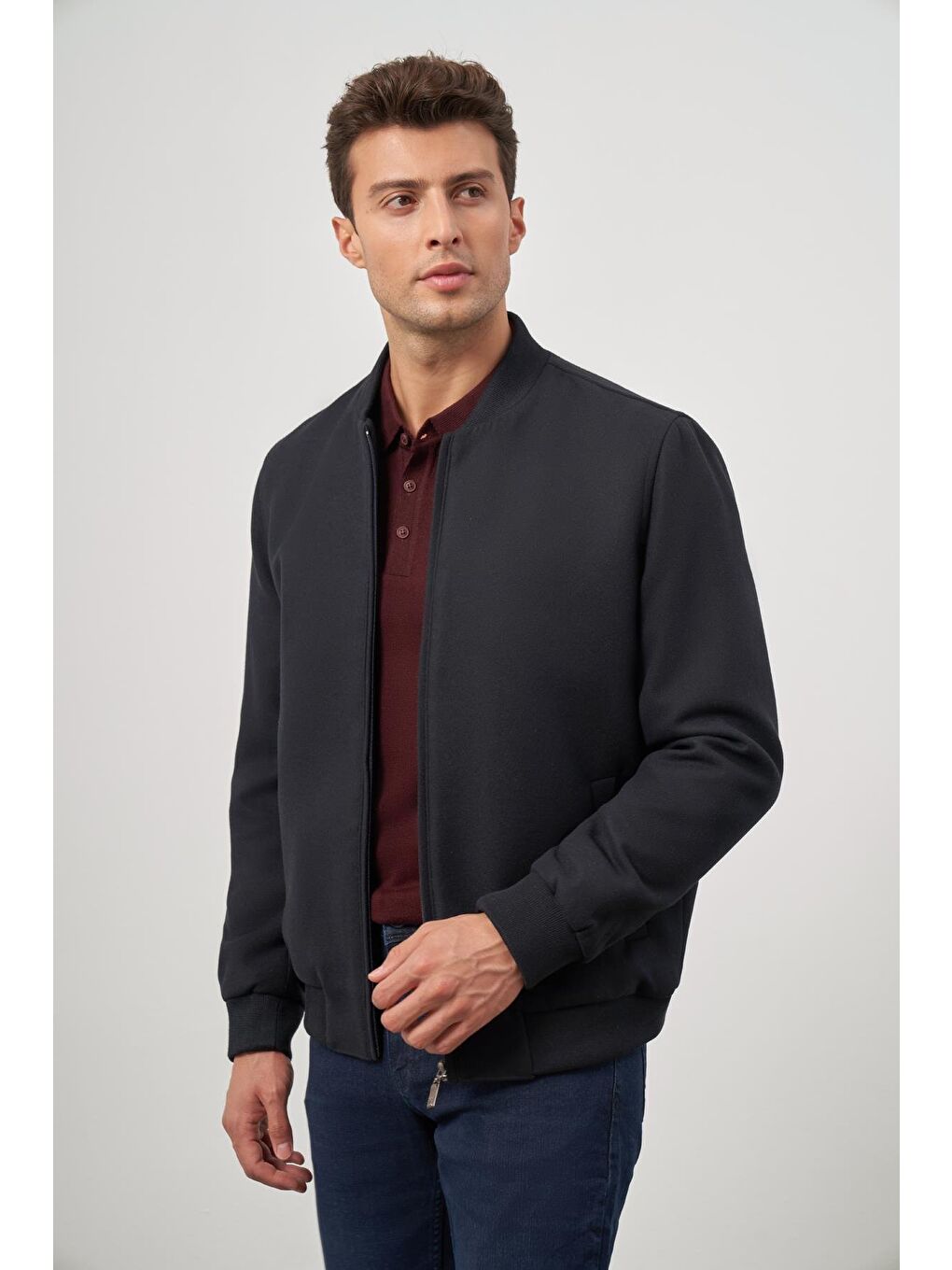 Koyu Lacivert Kaşe Kolej Yaka Düz Yırtmaçsız Tam Astar Comfort Fit Classic Mont 1007245159-3