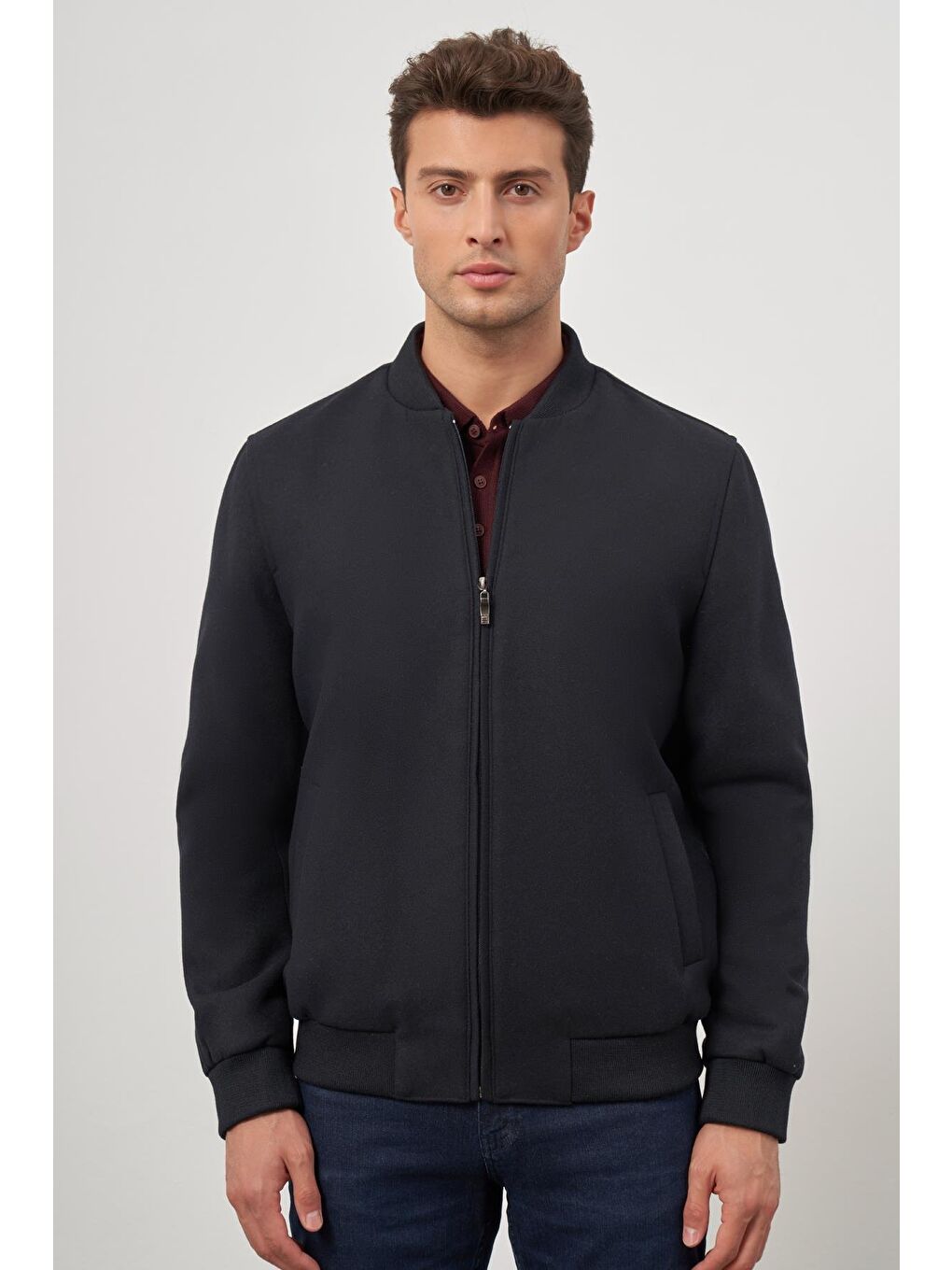 Koyu Lacivert Kaşe Kolej Yaka Düz Yırtmaçsız Tam Astar Comfort Fit Classic Mont 1007245159-4