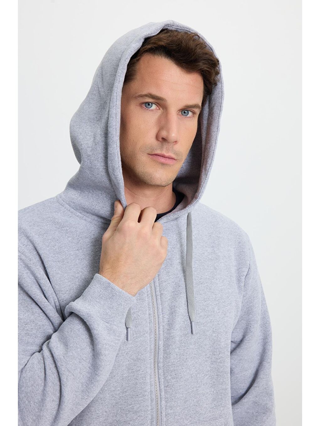 Unisex Relax Fit Rahat Kesim Pamuklu İçi Polarlı Çift Cepli Tam Fermuarlı Gri Kapüşonlu Sweatshirt-1