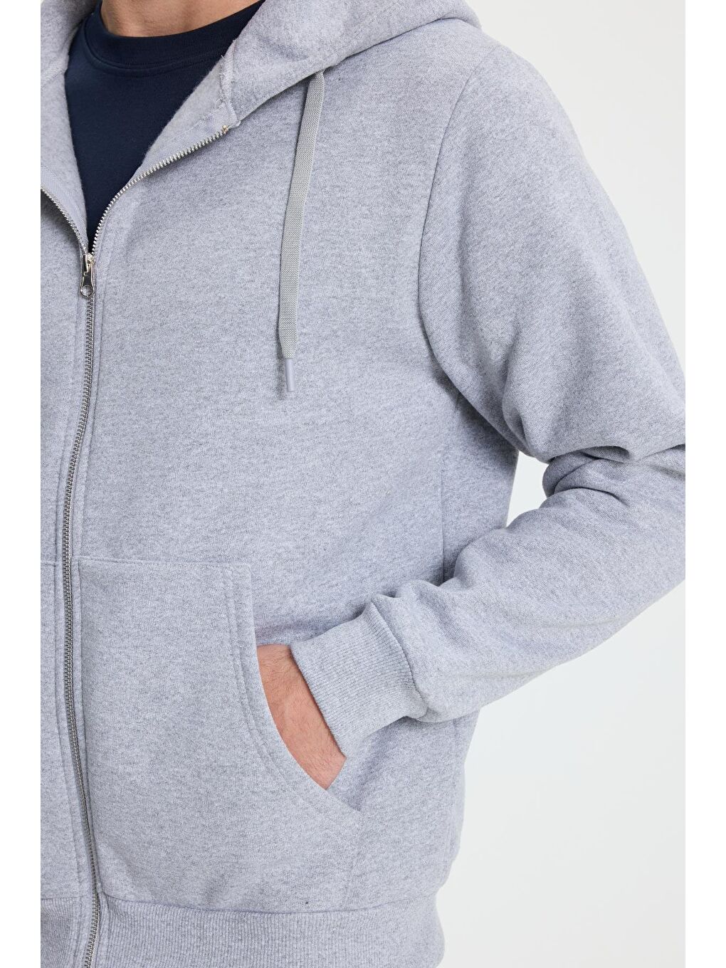 Unisex Relax Fit Rahat Kesim Pamuklu İçi Polarlı Çift Cepli Tam Fermuarlı Gri Kapüşonlu Sweatshirt-2