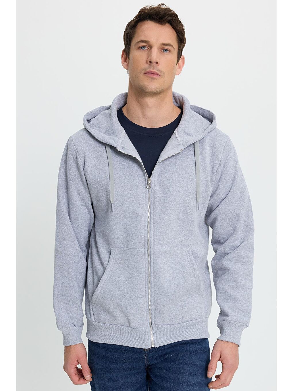Unisex Relax Fit Rahat Kesim Pamuklu İçi Polarlı Çift Cepli Tam Fermuarlı Gri Kapüşonlu Sweatshirt-3