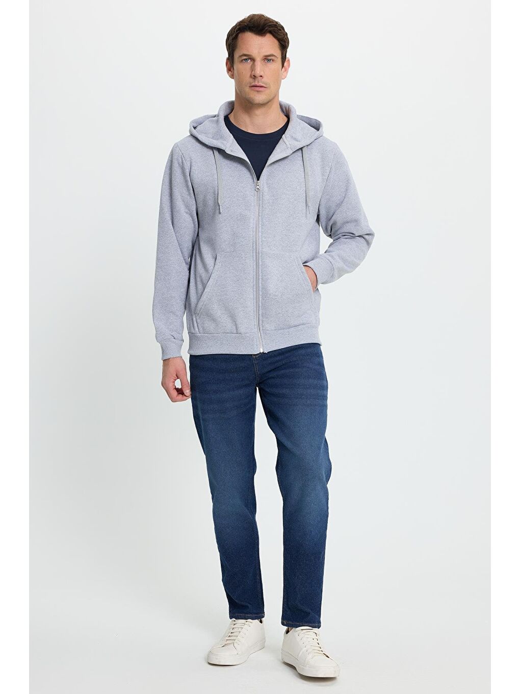 Unisex Relax Fit Rahat Kesim Pamuklu İçi Polarlı Çift Cepli Tam Fermuarlı Gri Kapüşonlu Sweatshirt-4