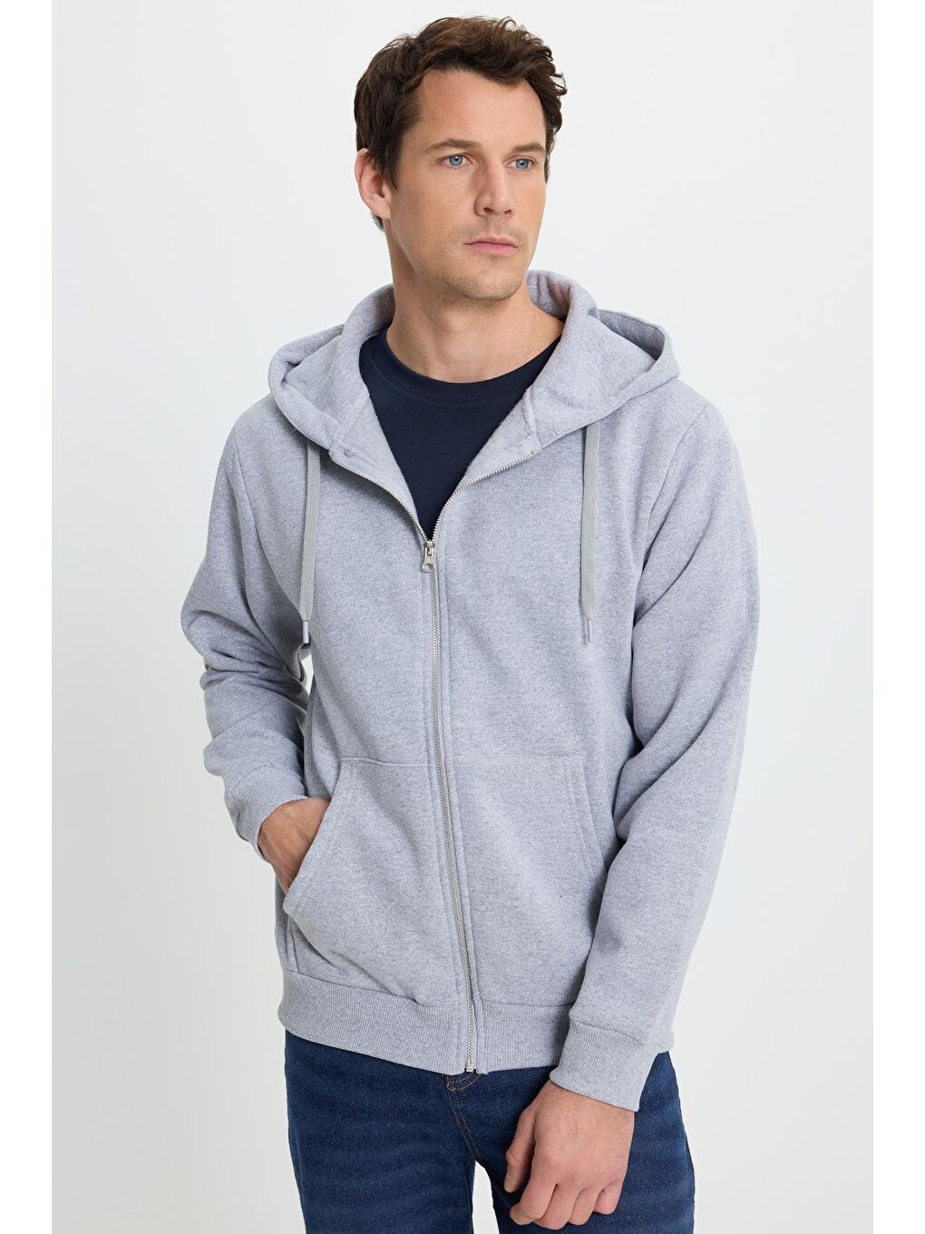 Unisex Relax Fit Rahat Kesim Pamuklu İçi Polarlı Çift Cepli Tam Fermuarlı Gri Kapüşonlu Sweatshirt-5