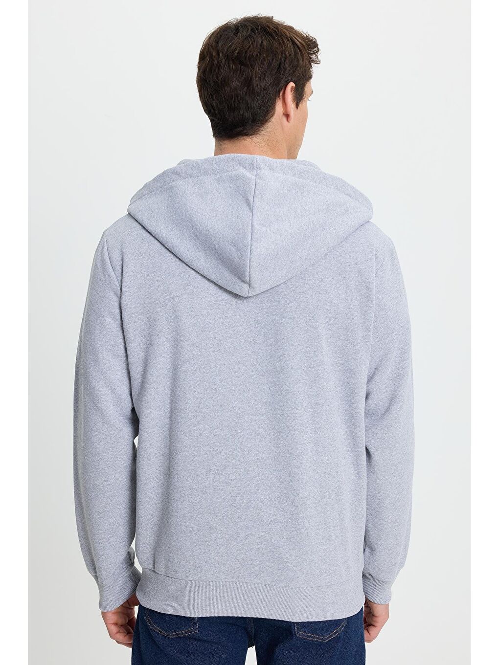 Unisex Relax Fit Rahat Kesim Pamuklu İçi Polarlı Çift Cepli Tam Fermuarlı Gri Kapüşonlu Sweatshirt-7