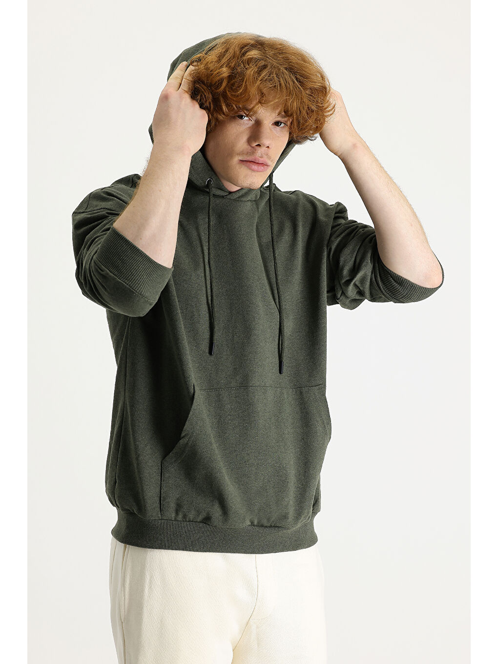 Haki Kapüşonlu Oversize Pamuklu Sweatshirt