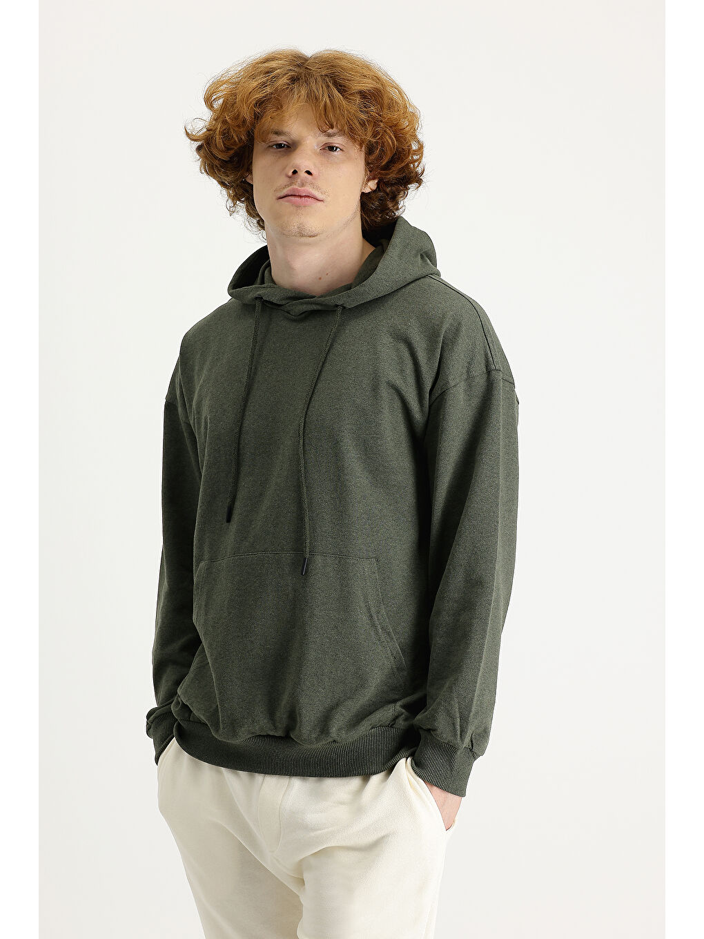 Haki Kapüşonlu Oversize Pamuklu Sweatshirt-1