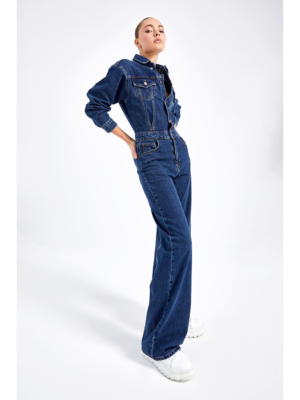 Kadın Koyu Mavi Renk %100 Pamuk Bol Kesim Denim Tulum Salopet