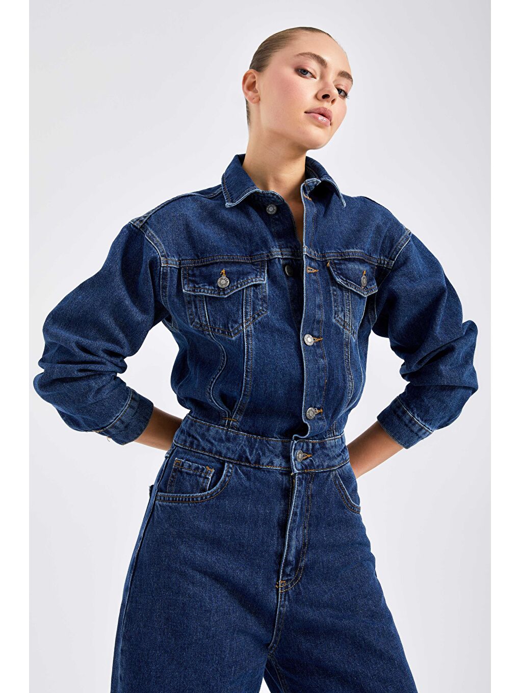 Kadın Koyu Mavi Renk %100 Pamuk Bol Kesim Denim Tulum Salopet-2