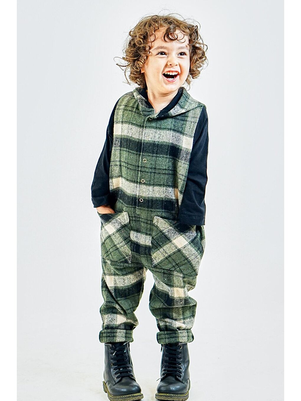 Haki Siyah Ekose Kaşe Kapüşonlu Tulum