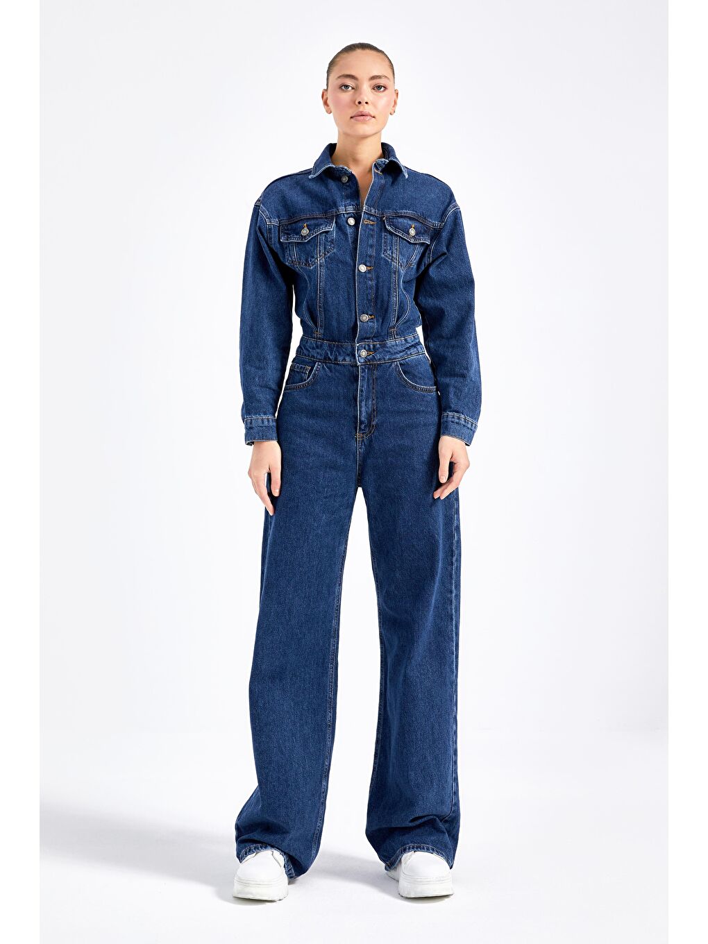 Kadın Koyu Mavi Renk %100 Pamuk Bol Kesim Denim Tulum Salopet-3