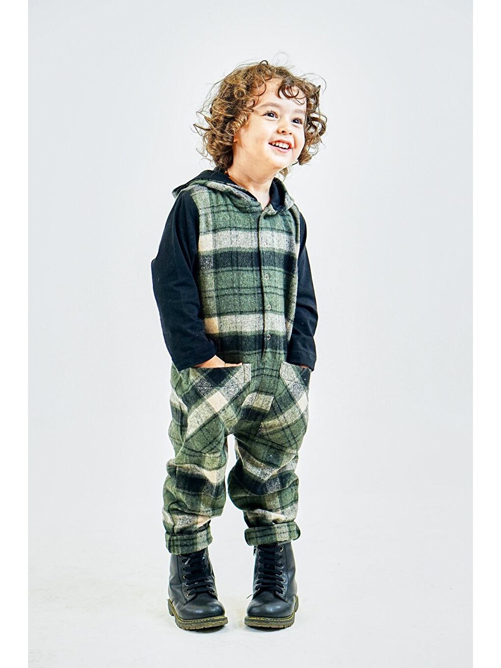 Haki Siyah Ekose Kaşe Kapüşonlu Tulum-1