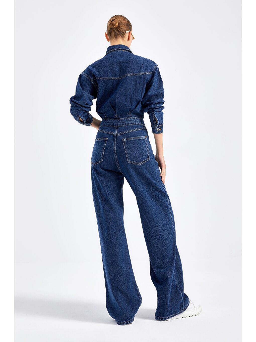 Kadın Koyu Mavi Renk %100 Pamuk Bol Kesim Denim Tulum Salopet-4