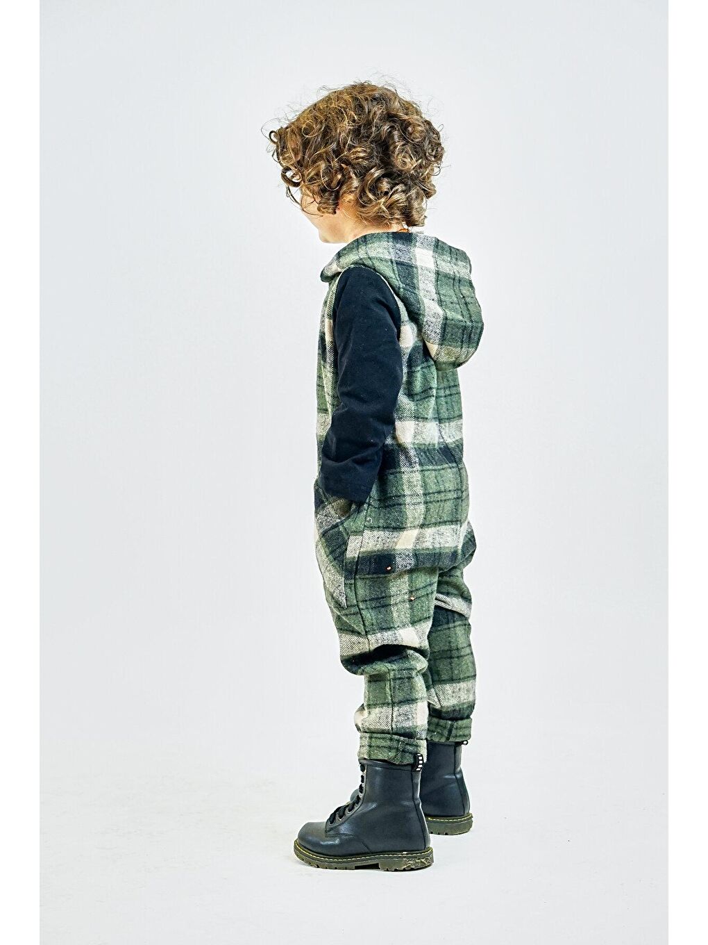 Haki Siyah Ekose Kaşe Kapüşonlu Tulum-2