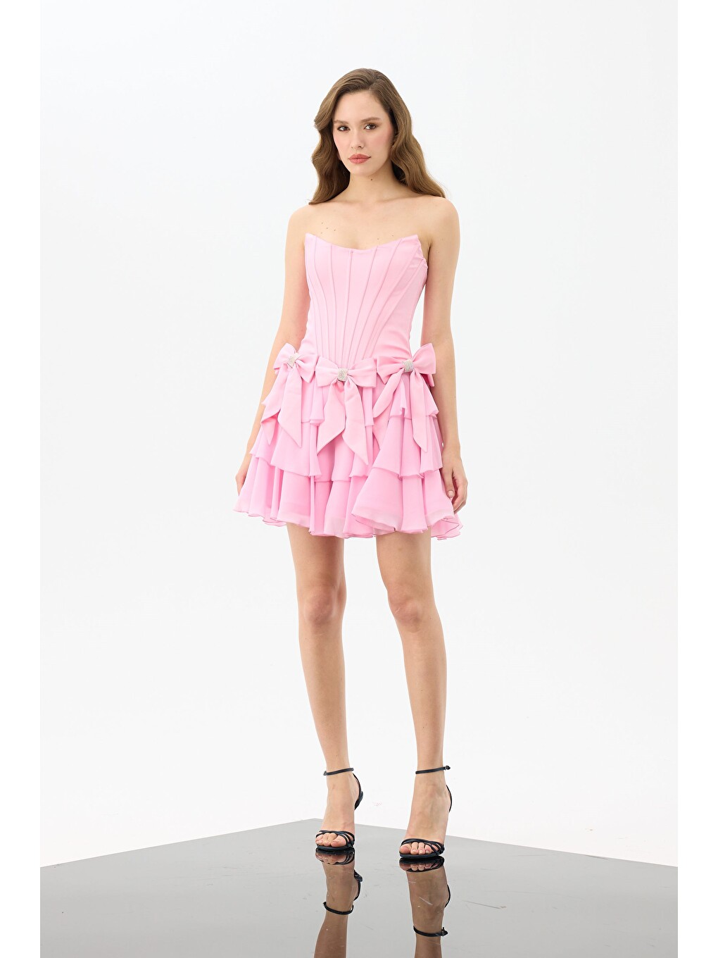 Pembe Taşlı Straplez Saten Abiye Elbise-5
