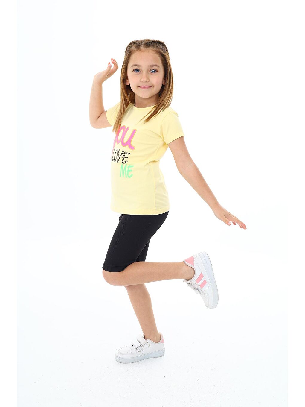 Sarı Kız Çocuk Yazı Baskılı Kısa Taytlı Takım 3-13 Yaş Zu106-2