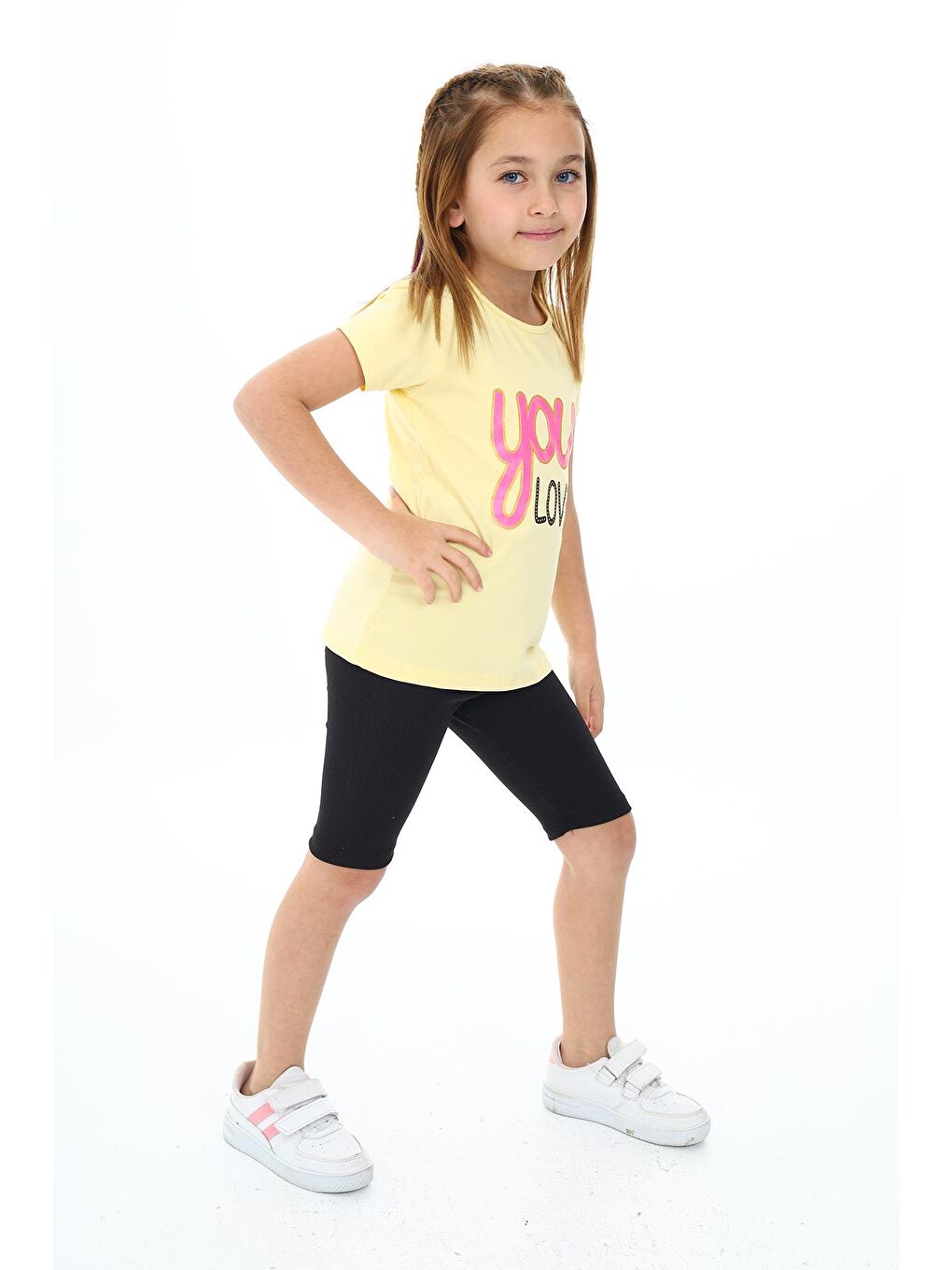 Sarı Kız Çocuk Yazı Baskılı Kısa Taytlı Takım 3-13 Yaş Zu106-3