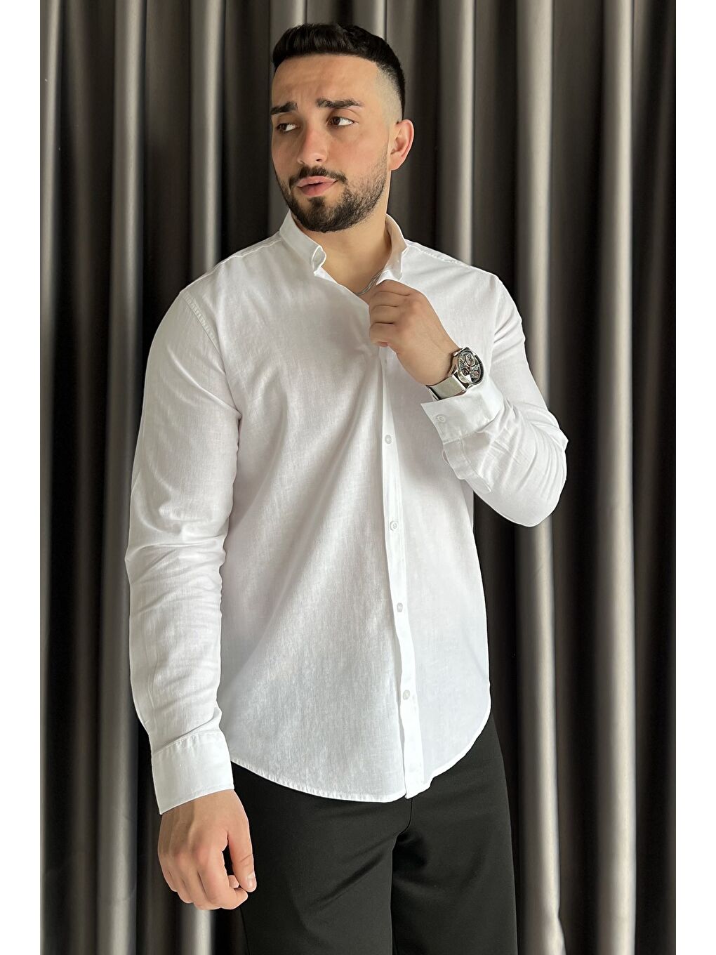 Beyaz Uzun Kol Erkek Keten Gömlek