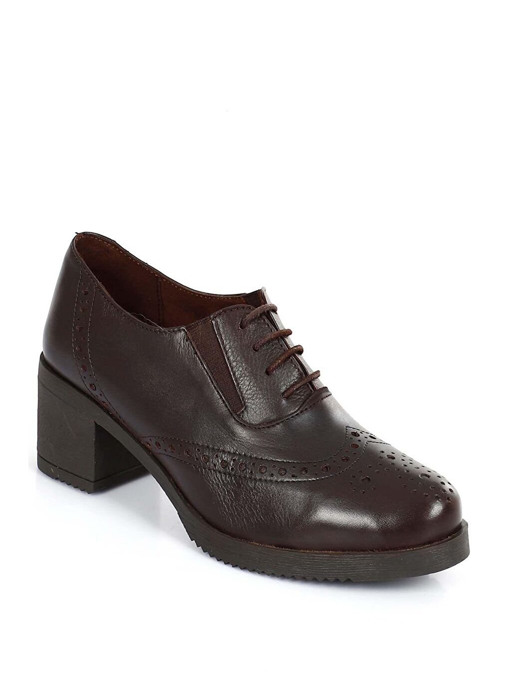 Kahverengi KAHVERENGİ  Hakiki Deri Yuvarlak Burun Orta Topuklu Kauçuk Taban Bağcıklı Kadın Ayakkabı 24231-5