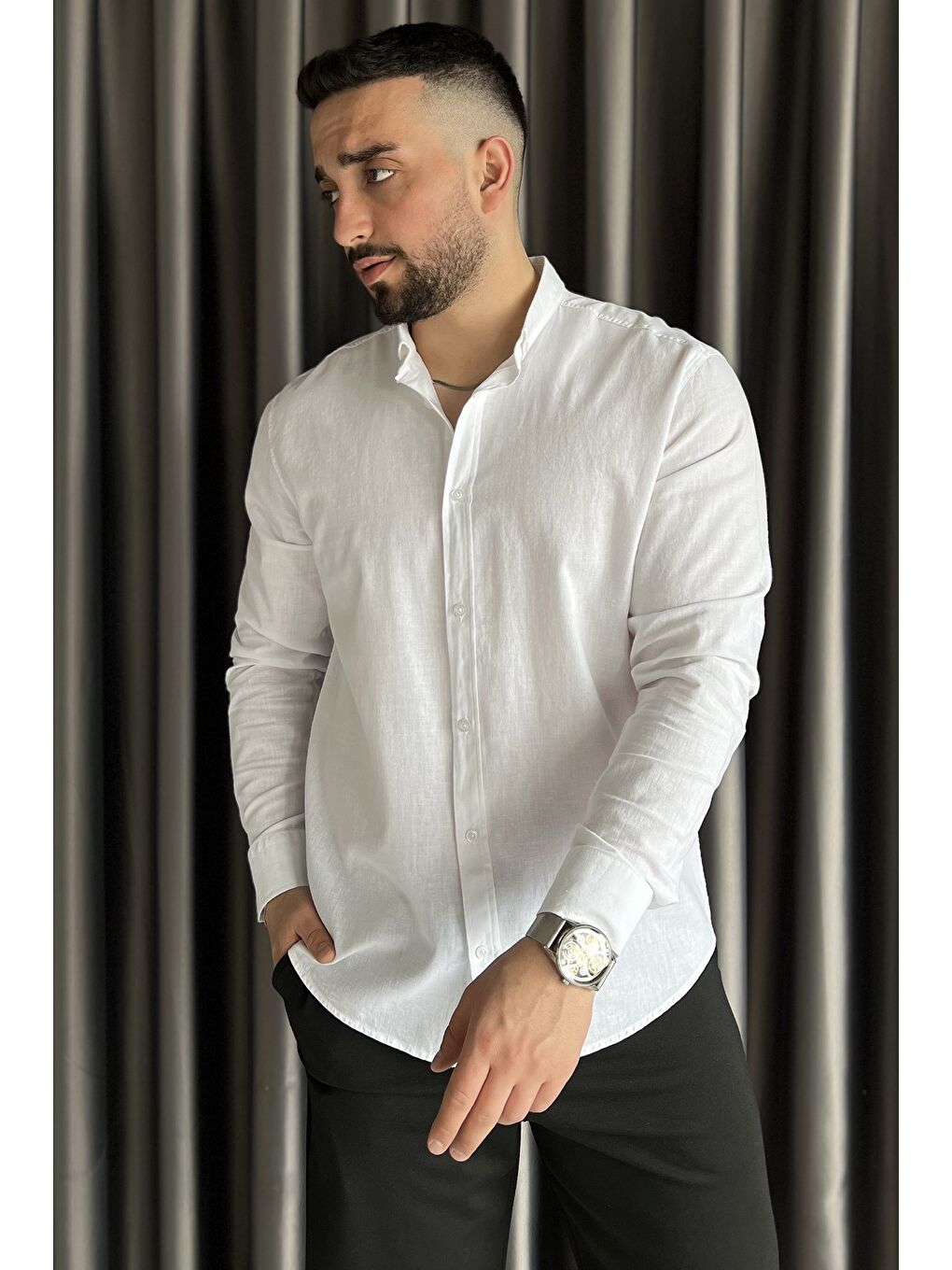 Beyaz Uzun Kol Erkek Keten Gömlek-1