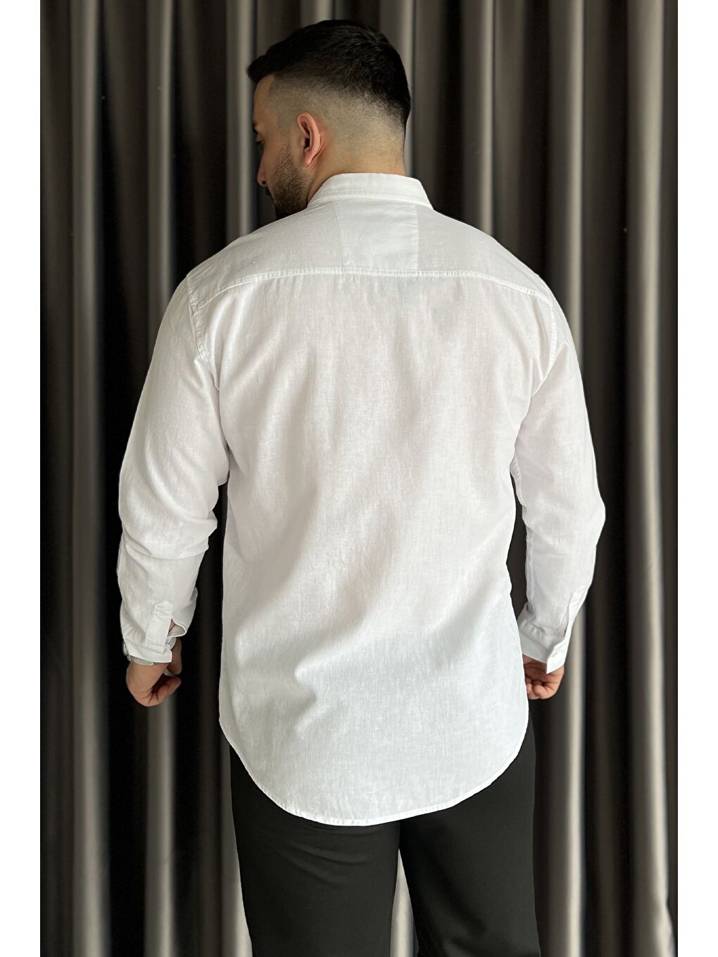 Beyaz Uzun Kol Erkek Keten Gömlek-2