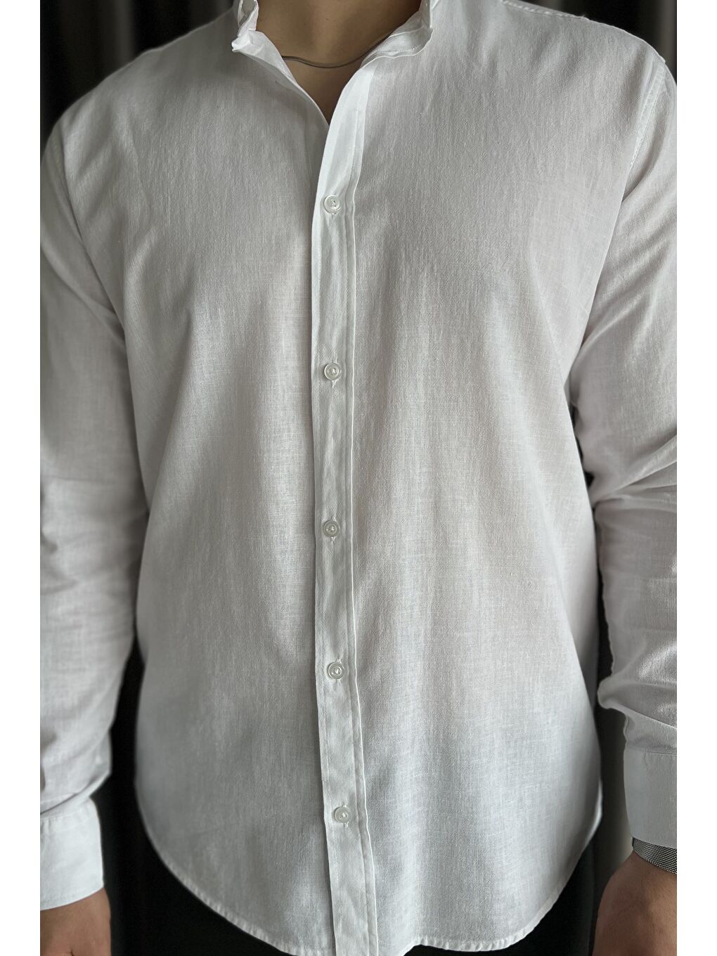 Beyaz Uzun Kol Erkek Keten Gömlek-3