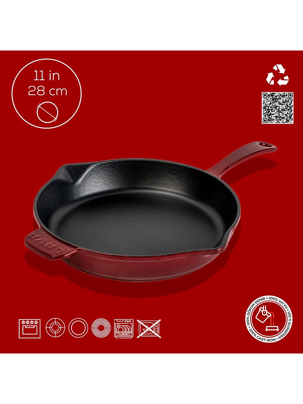 Bordo Yuvarlak Kızartma Tavası Döküm Demir Yekpare Saplı. Çap(Ø)28cm-3