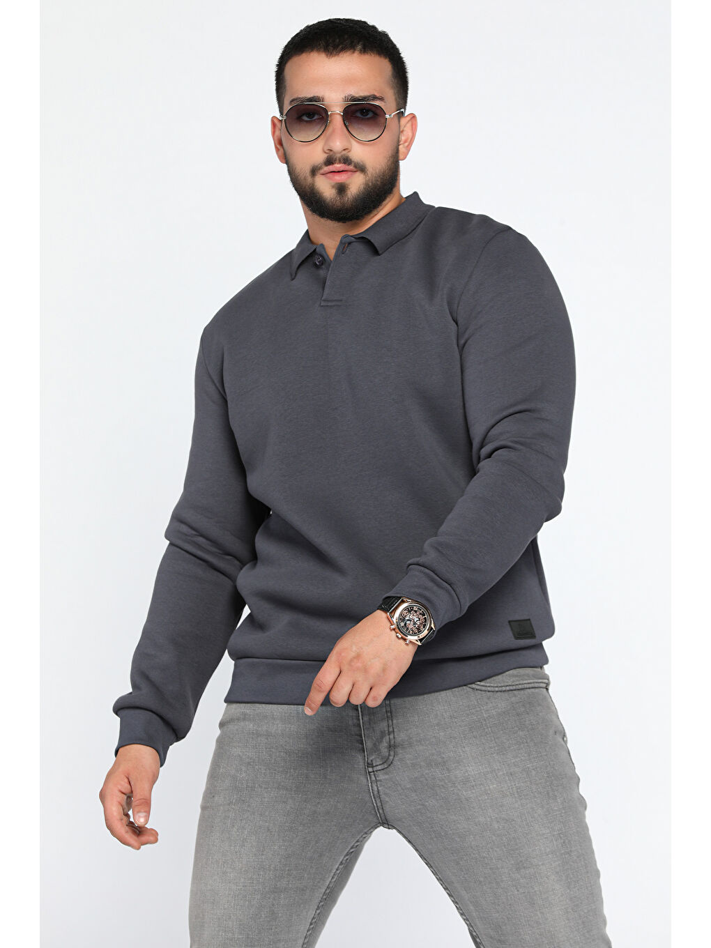 Mishar İtalia Gri Erkek Polo Yaka Şardonlu Üç İplik Sweatshirt