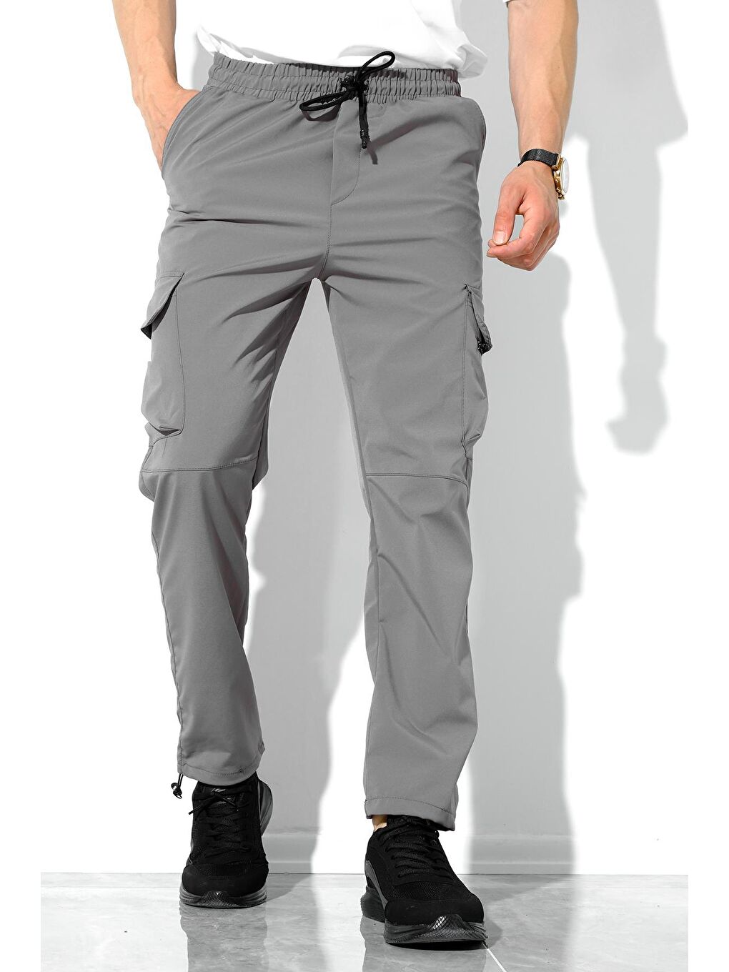 Antrasit Slim Fit Kort Paraşüt Kargo Cepli Outdoor  Eşofman Alt-3