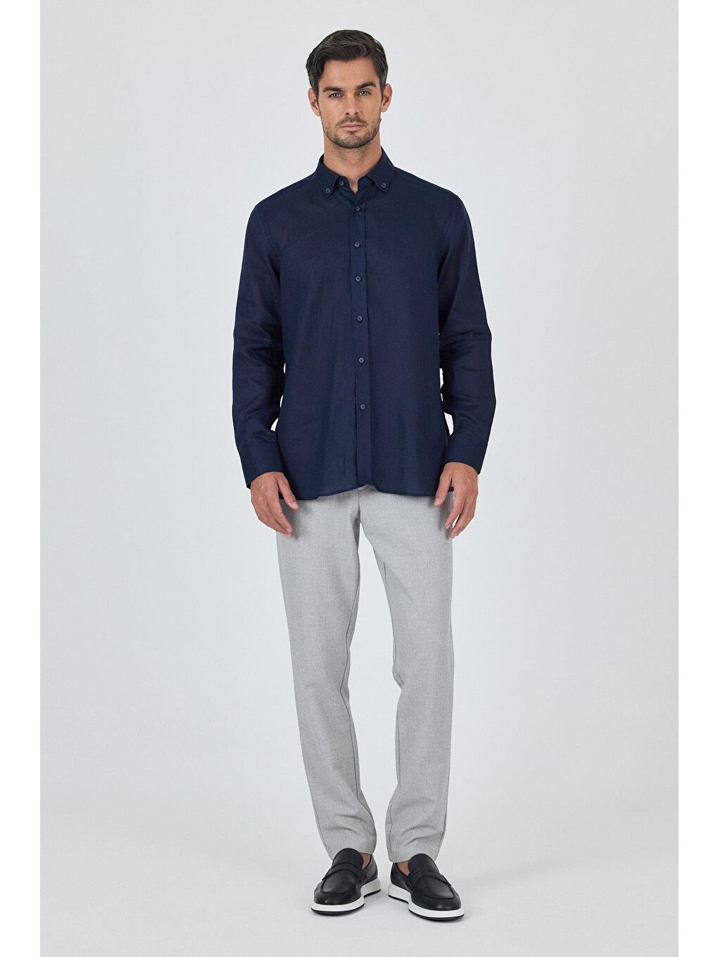 Lacivert Uzun Kol Düz Keten Düğmeli Yaka Cepsiz Casual Comfort Fit Gömlek 1004250114-1