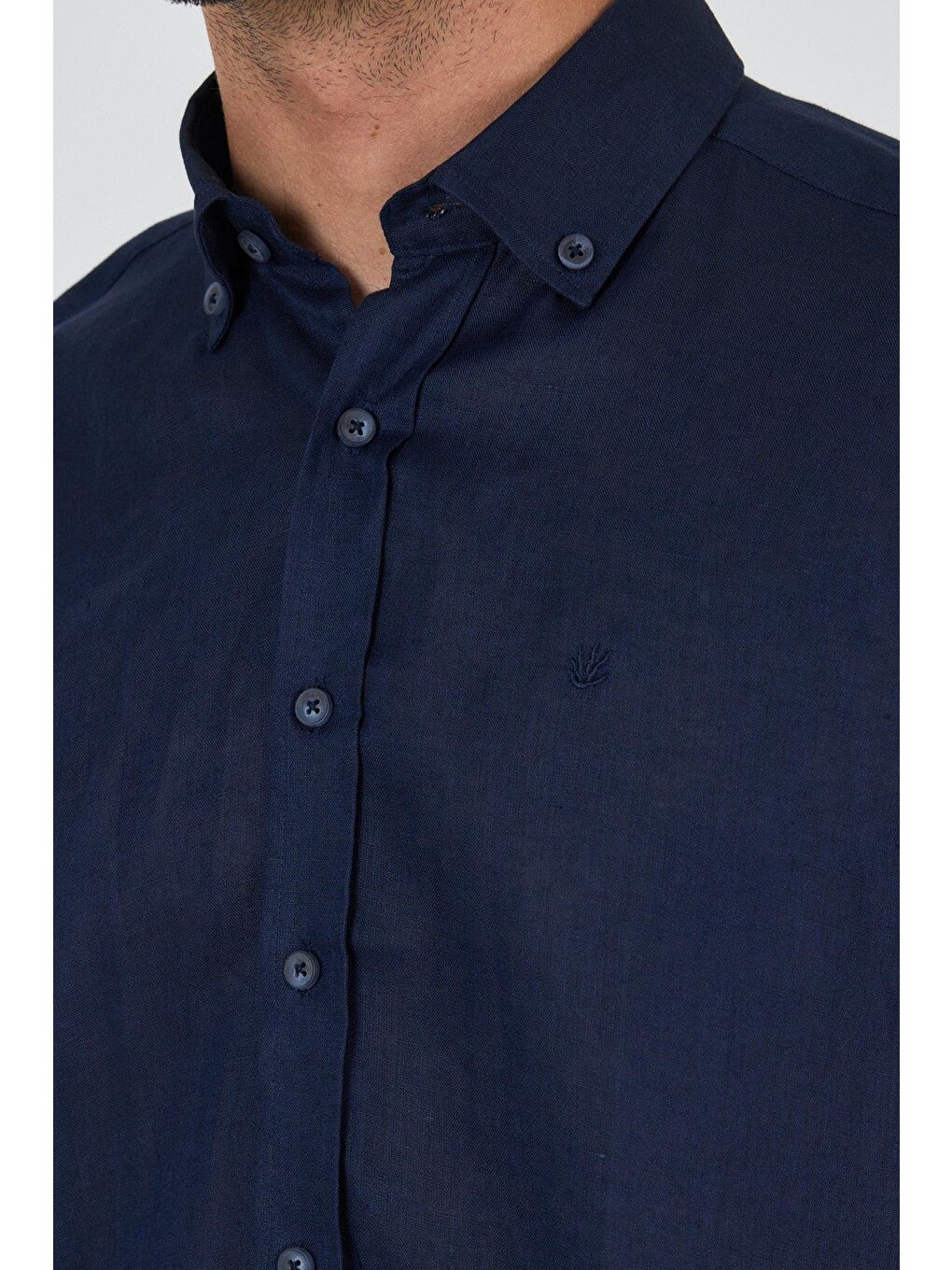 Lacivert Uzun Kol Düz Keten Düğmeli Yaka Cepsiz Casual Comfort Fit Gömlek 1004250114-3