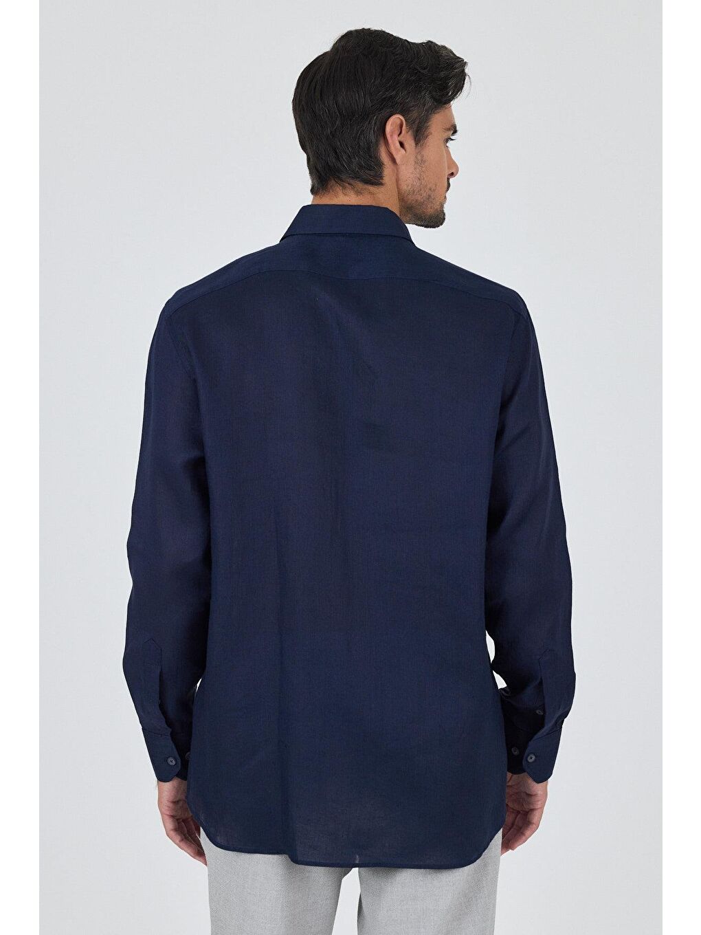 Lacivert Uzun Kol Düz Keten Düğmeli Yaka Cepsiz Casual Comfort Fit Gömlek 1004250114-4