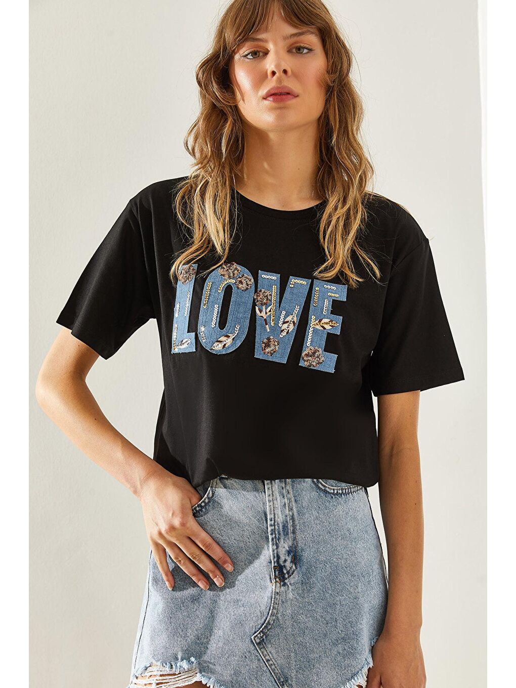 SHADE Siyah Kadın Love Yazılı İşleme Detaylı Penye T-Shirt