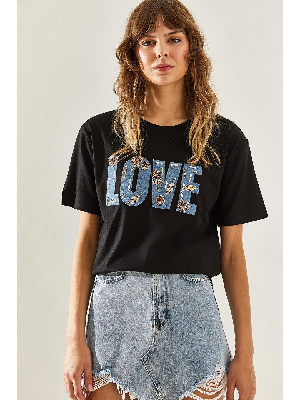 SHADE Siyah Kadın Love Yazılı İşleme Detaylı Penye T-Shirt - 2