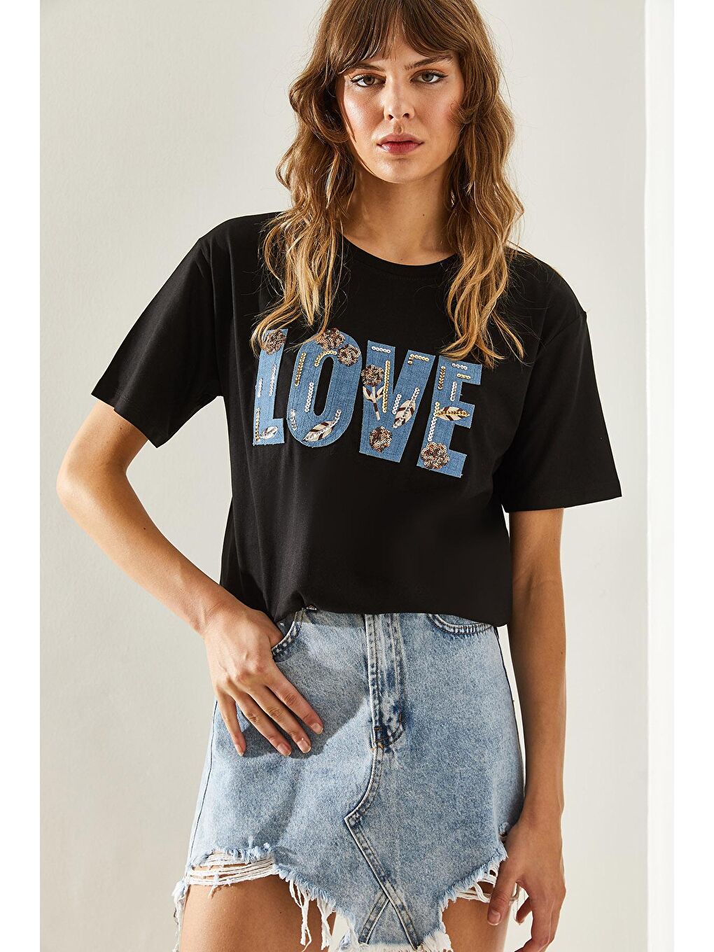 SHADE Siyah Kadın Love Yazılı İşleme Detaylı Penye T-Shirt - 4