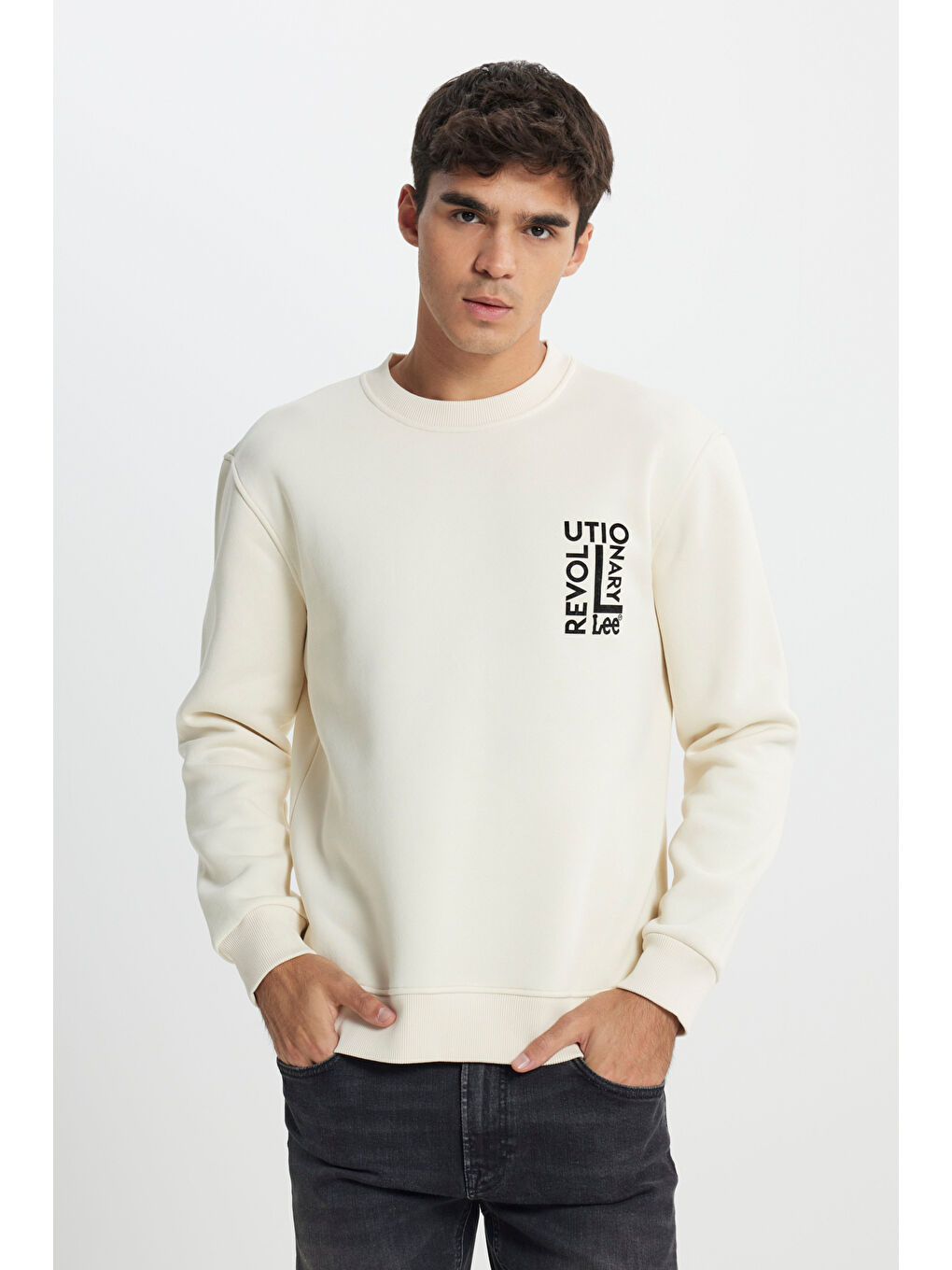 Regular Fit Normal Kesim Bisiklet Yaka İçi Polarlı Ekru Sweatshirt