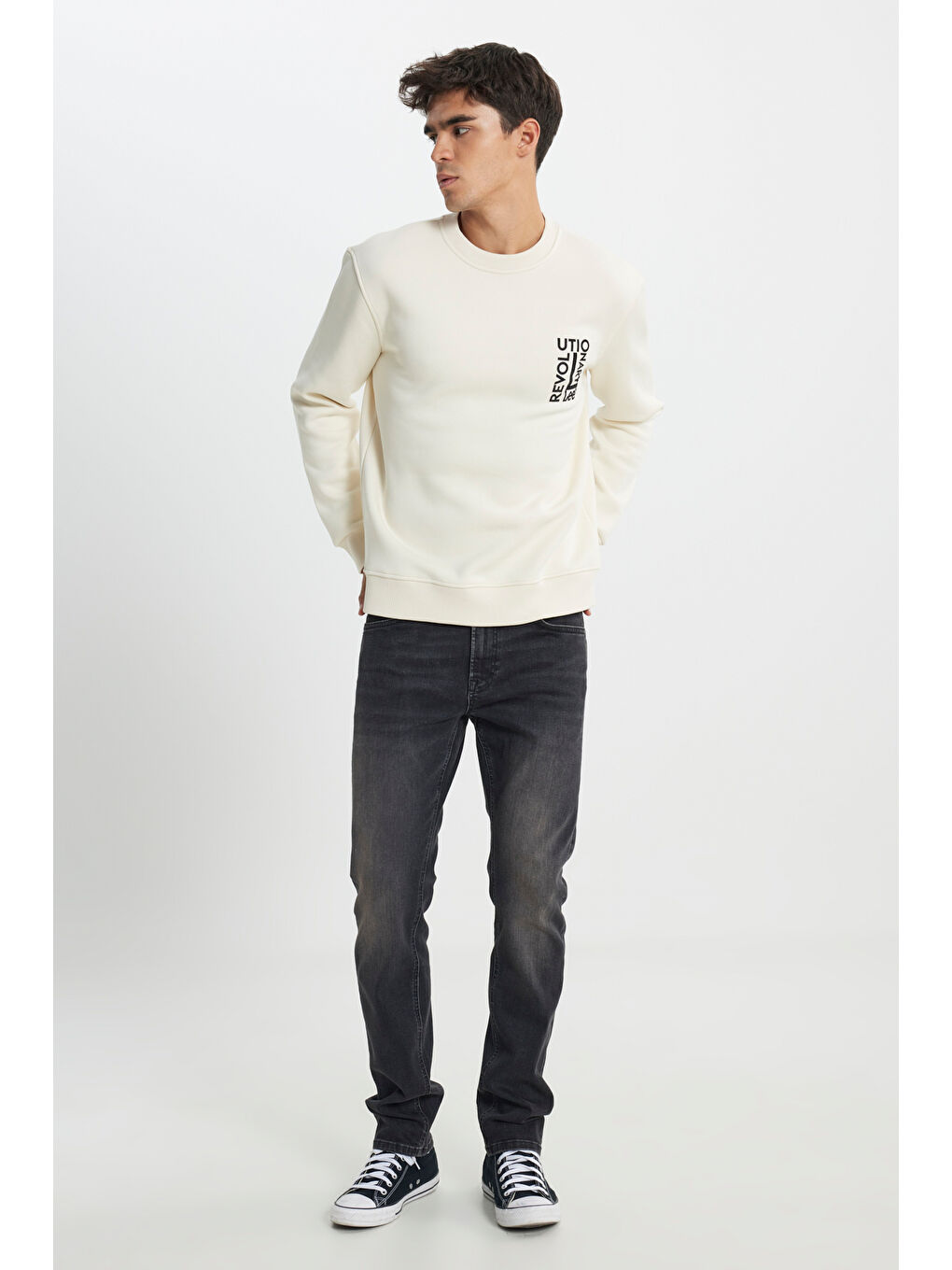 Regular Fit Normal Kesim Bisiklet Yaka İçi Polarlı Ekru Sweatshirt-1