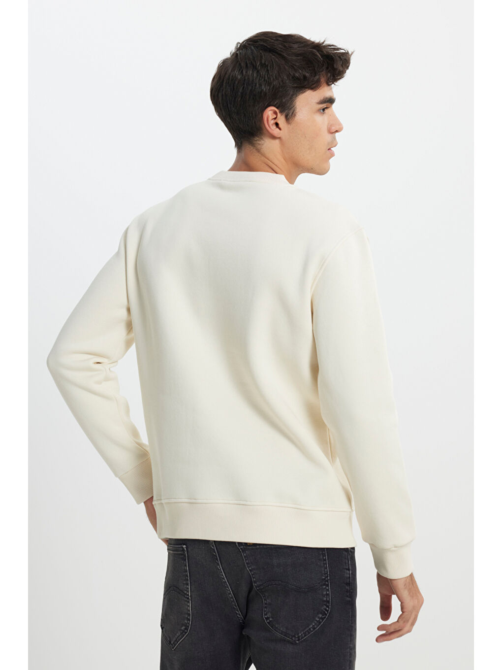 Regular Fit Normal Kesim Bisiklet Yaka İçi Polarlı Ekru Sweatshirt-3