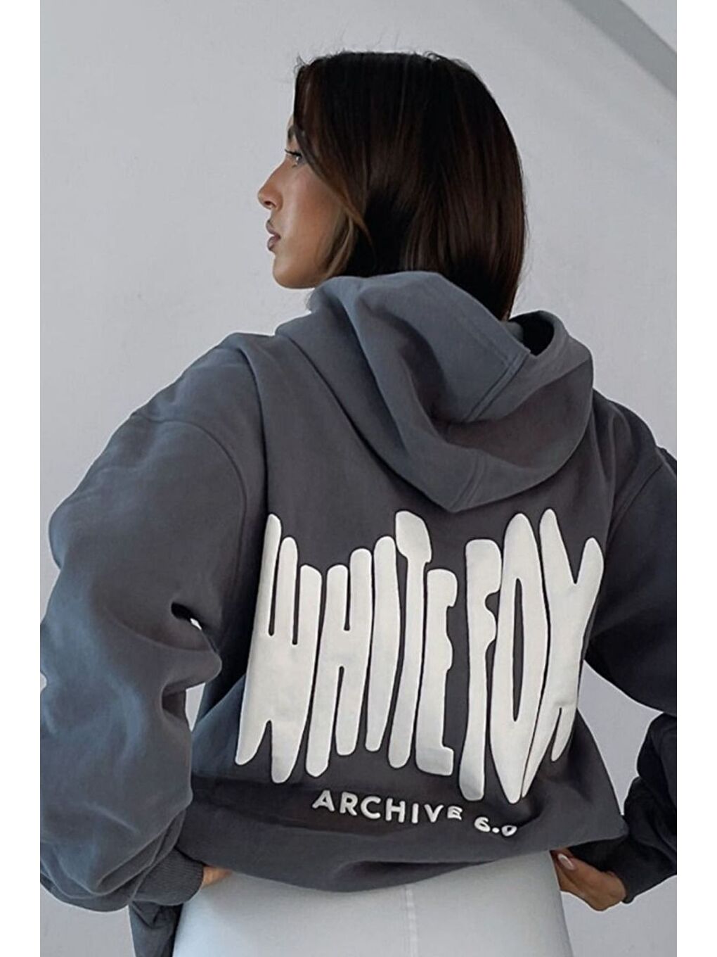 Trendseninle Koyu Füme Kadın Füme White Fox Baskılı Oversize Kapüşonlu Sweatshirt Hoodie