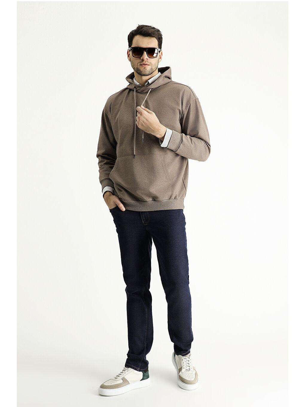Kahverengi Kapüşonlu Oversize Pamuklu Sweatshirt-1