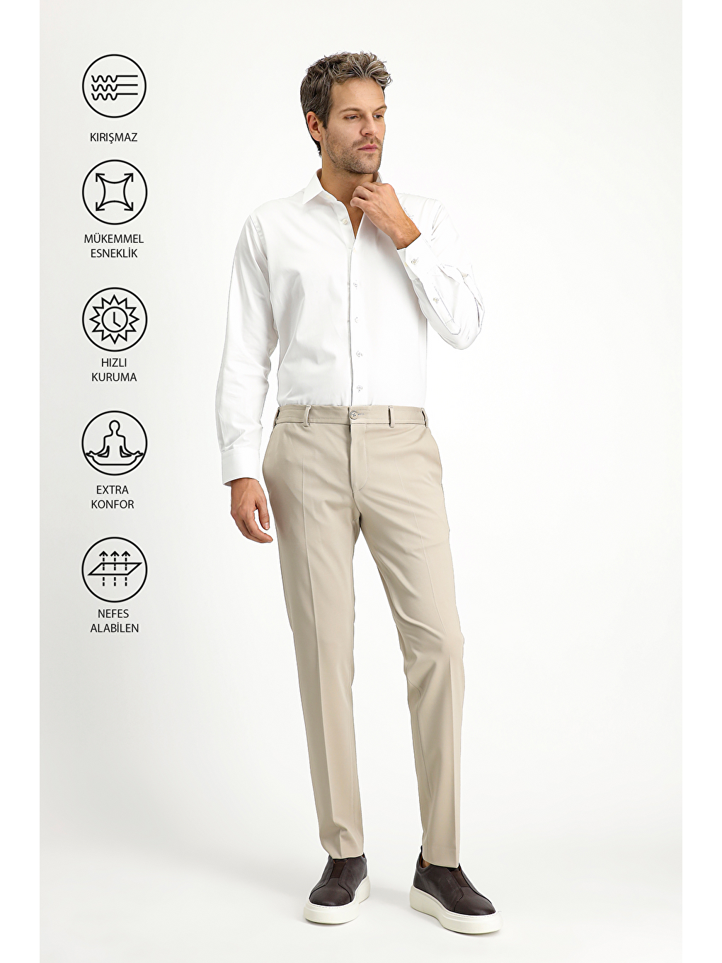 Bej Techno-Line Slim Fit Dar Kesim Elastanlı Örme Klasik Kumaş Pantolon