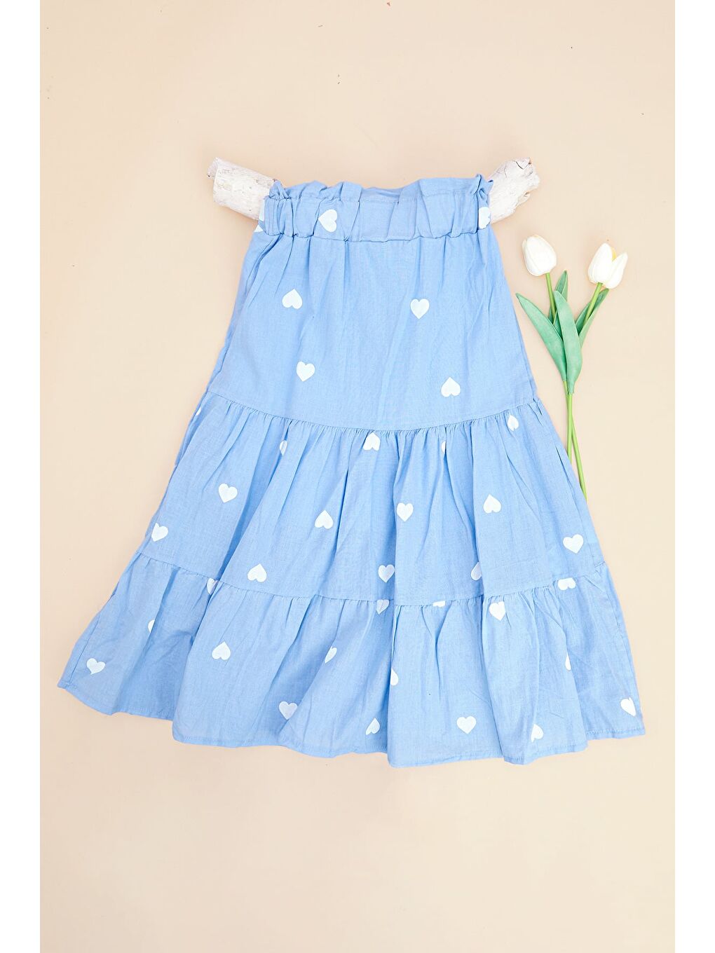 Mavi Kalp Baskılı Beli Lastikli Kız Çocuk Etek