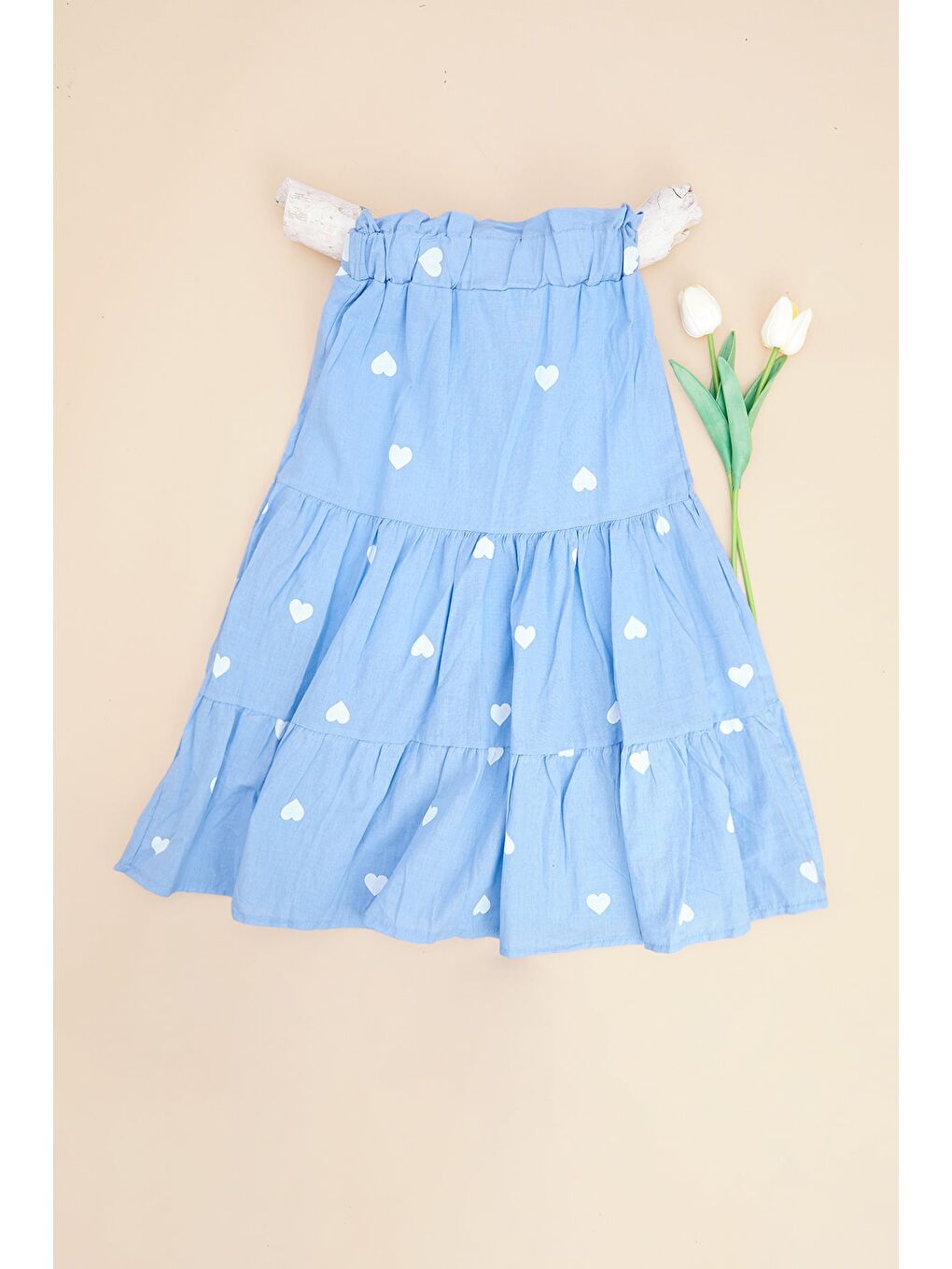 Mavi Kalp Baskılı Beli Lastikli Kız Çocuk Etek-1