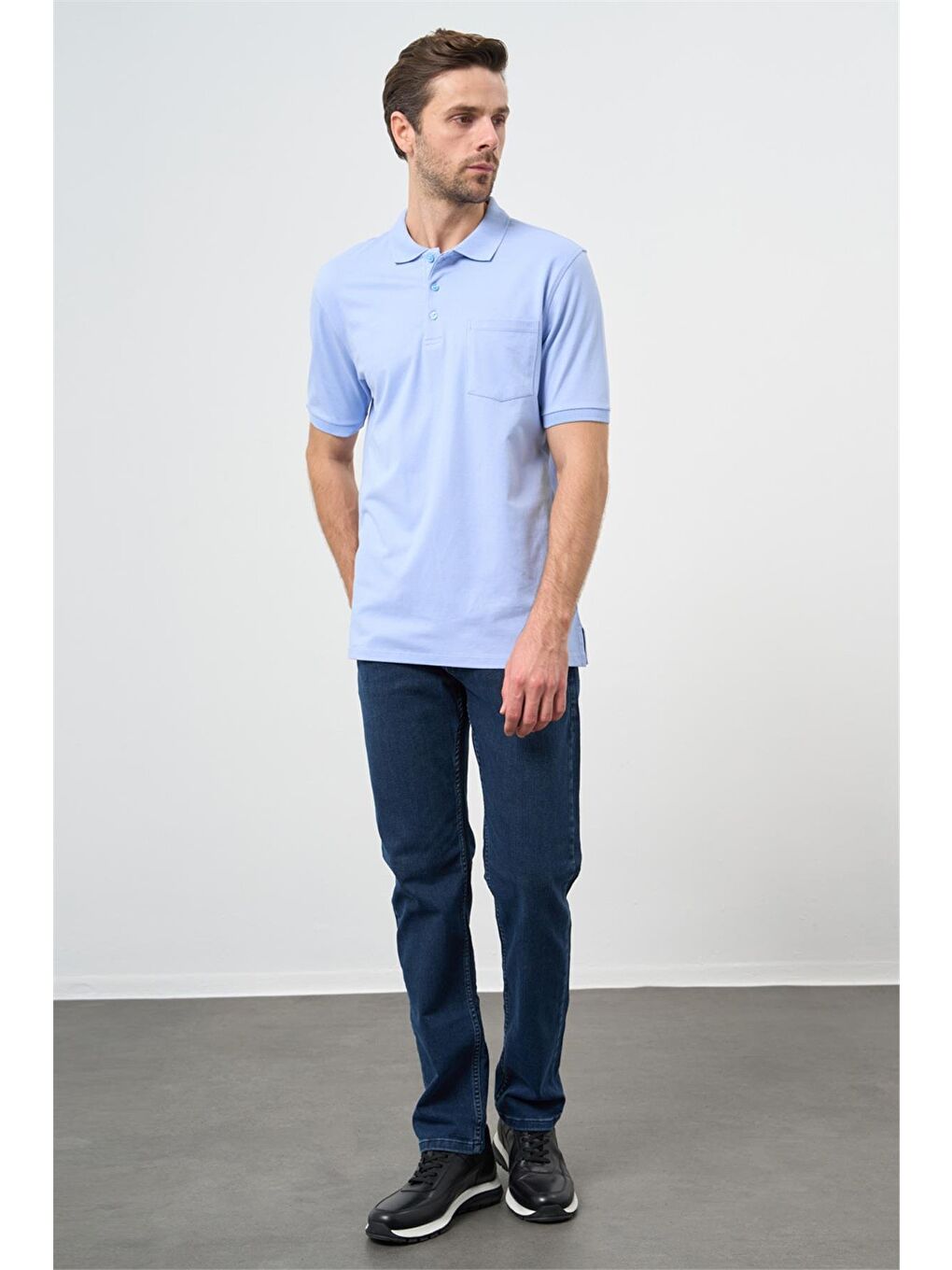 Koyu Mavi Kısa Kol Düz Pike Polo Yaka Casual Comfort Fit Tişört 1011240195-1