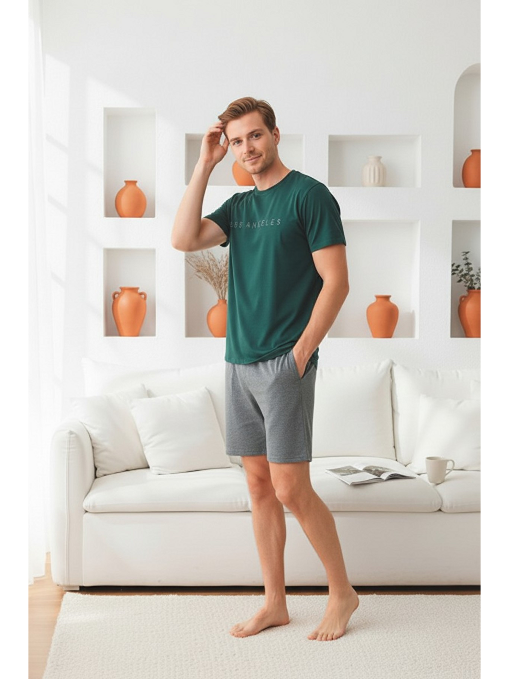 Haki %100 Pamuklu Kısa Kollu Cepli Erkek Şortlu Pijama Takımı 2016-3