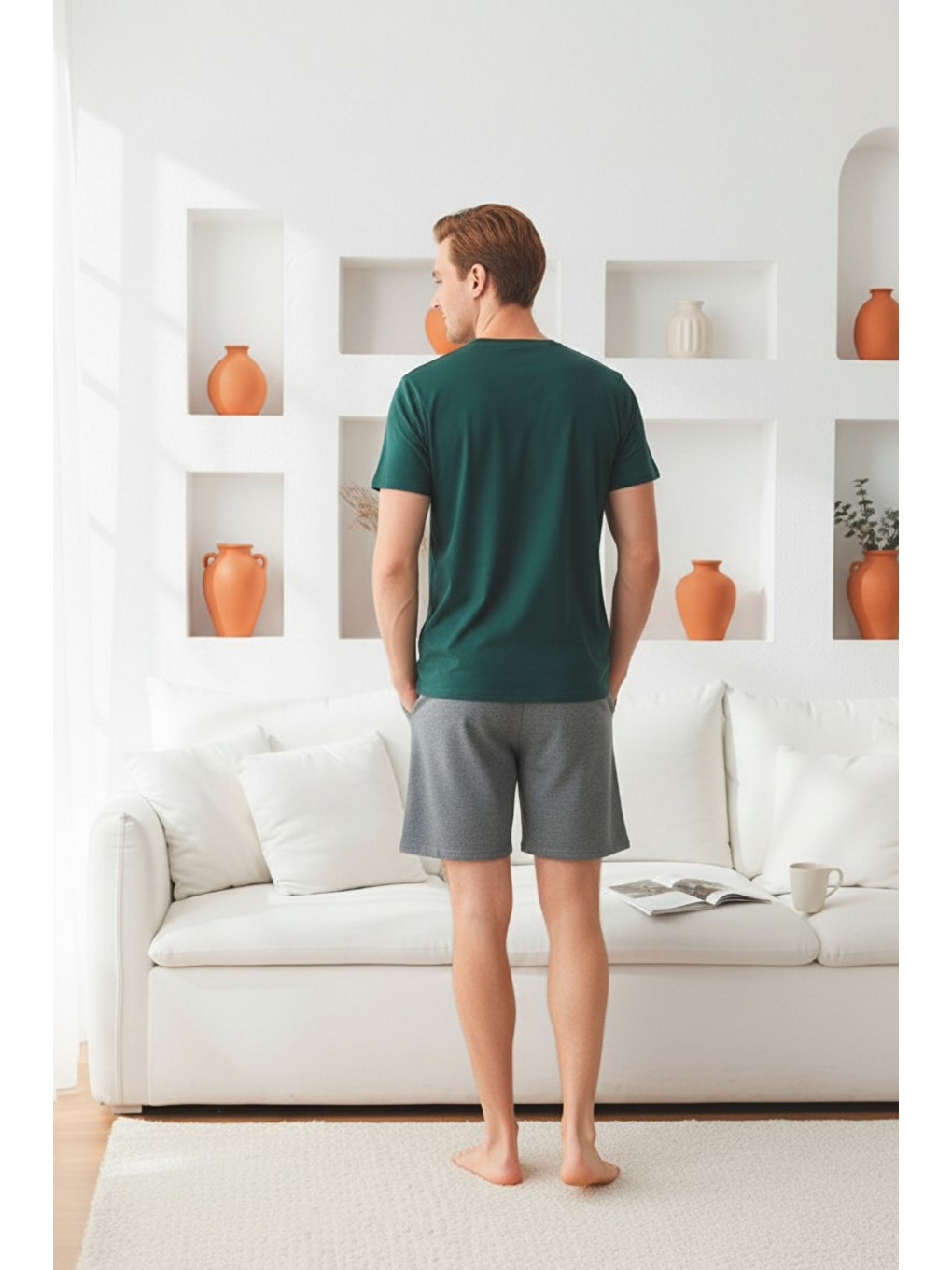 Haki %100 Pamuklu Kısa Kollu Cepli Erkek Şortlu Pijama Takımı 2016-4